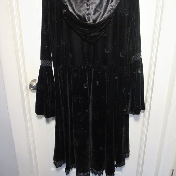 Plus Size 2X Coven Black Velvet Hooded Dress Spirit Stars Moon Celestial Witch - Picture 7 of 14